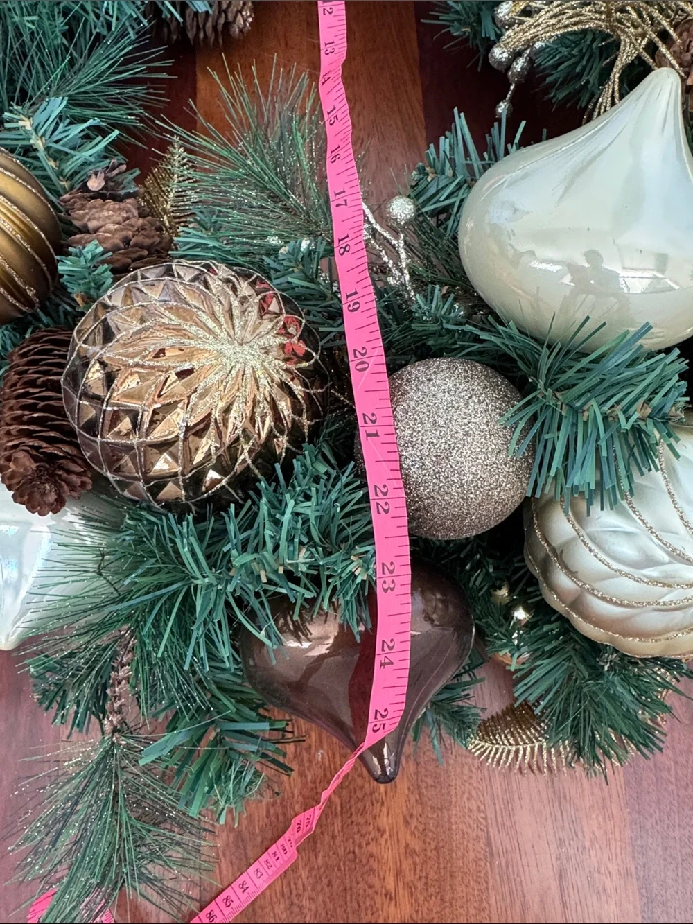 Holiday Pine Wreath with Gold and Green Ornaments